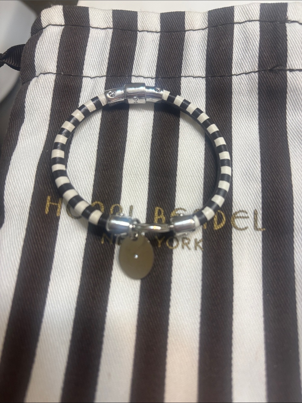 Henri Bendel Brown and white leather signature Striped Logo Charm Bracelet - Picture 2 of 6